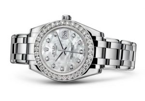 The luxury fake Rolex Pearlmaster 34 81299 watches are made from white gold.