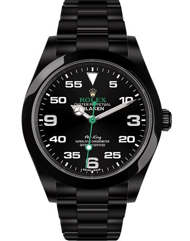 The green second hand is contrasted to the black dial.